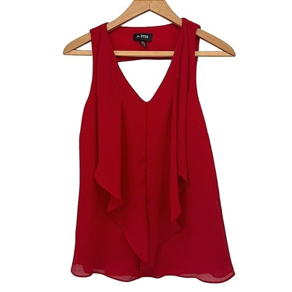 A Byer Tank Top Red V-Neck Ruffle Chiffon Cutout Dressy Feminine Chic Medium